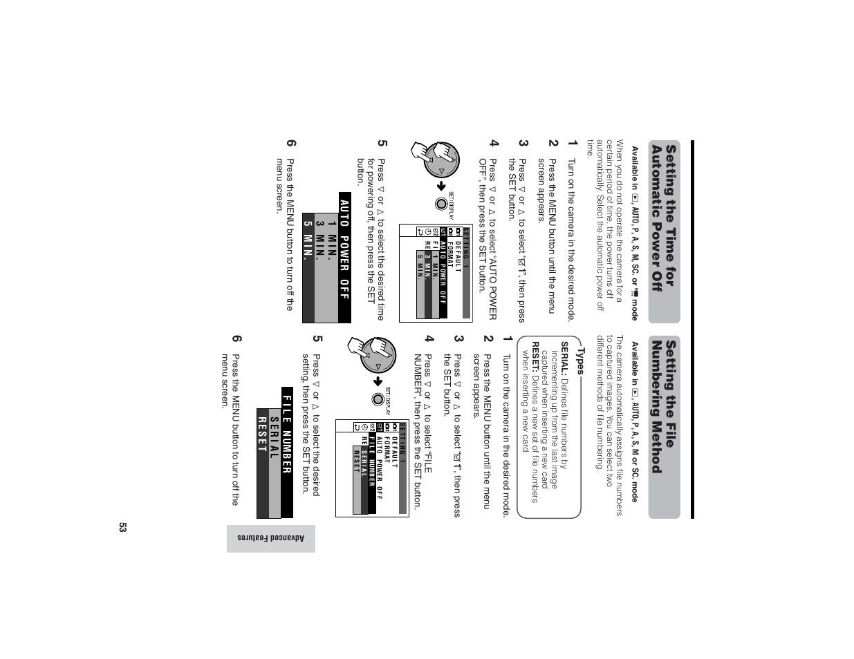 Setting the time for automatic power of f, Setting the file numbering method | Kitchen Star VE-CG40U User Manual | Page 63 / 83