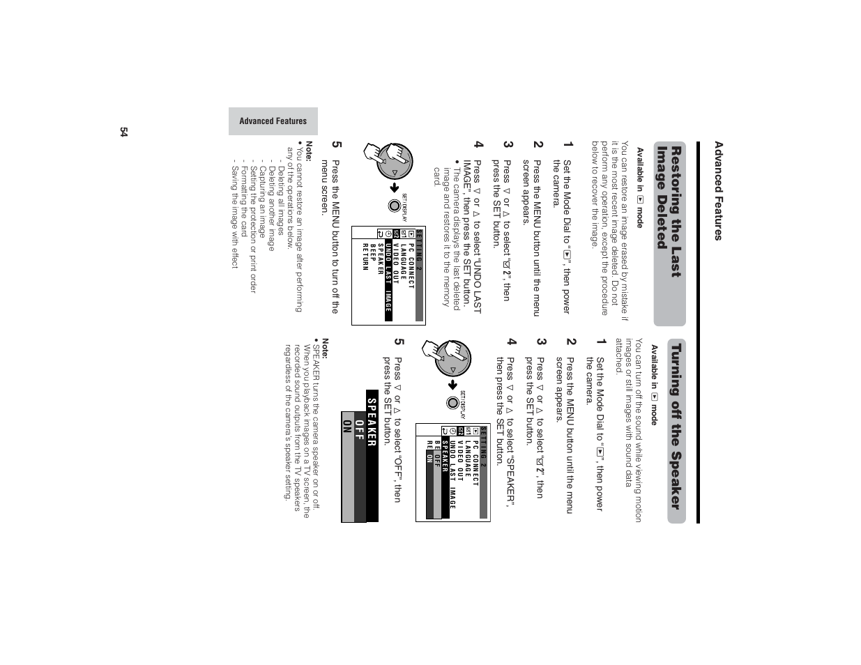 Restoring the last image deleted, Tu r ning of f the speaker | Kitchen Star VE-CG40U User Manual | Page 64 / 83