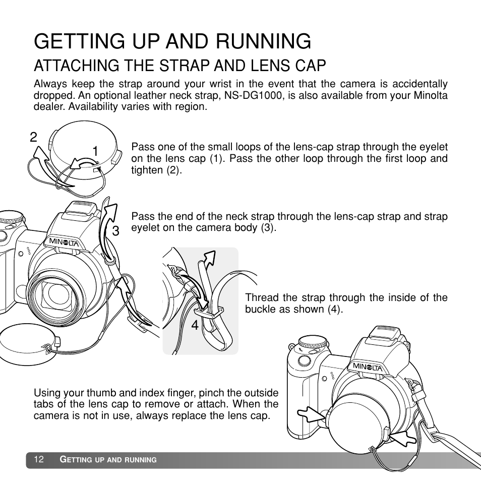 Getting up and running, Attaching the strap and lens cap | Konka Group Z1 User Manual | Page 12 / 58
