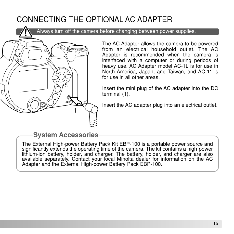 Connecting the optional ac adapter, System accessories | Konka Group Z1 User Manual | Page 15 / 58