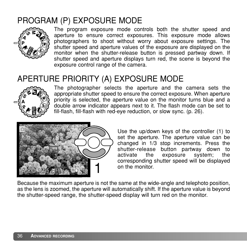 Program (p) exposure mode, Aperture priority (a) exposure mode | Konka Group Z1 User Manual | Page 36 / 58