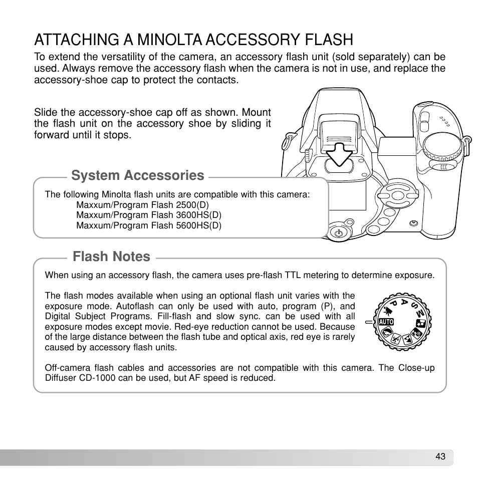 Attaching a minolta accessory flash, System accessories | Konka Group Z1 User Manual | Page 43 / 58