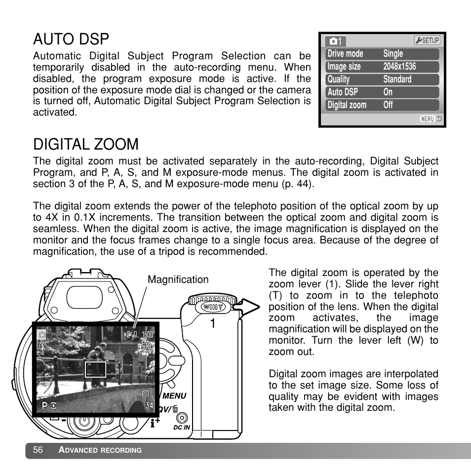 Auto dsp, Digital zoom | Konka Group Z1 User Manual | Page 56 / 58