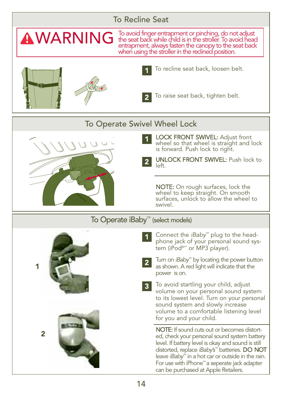 Warning, 14 to operate swivel wheel lock | Kolcraft S77-T-R3 User Manual | Page 14 / 51