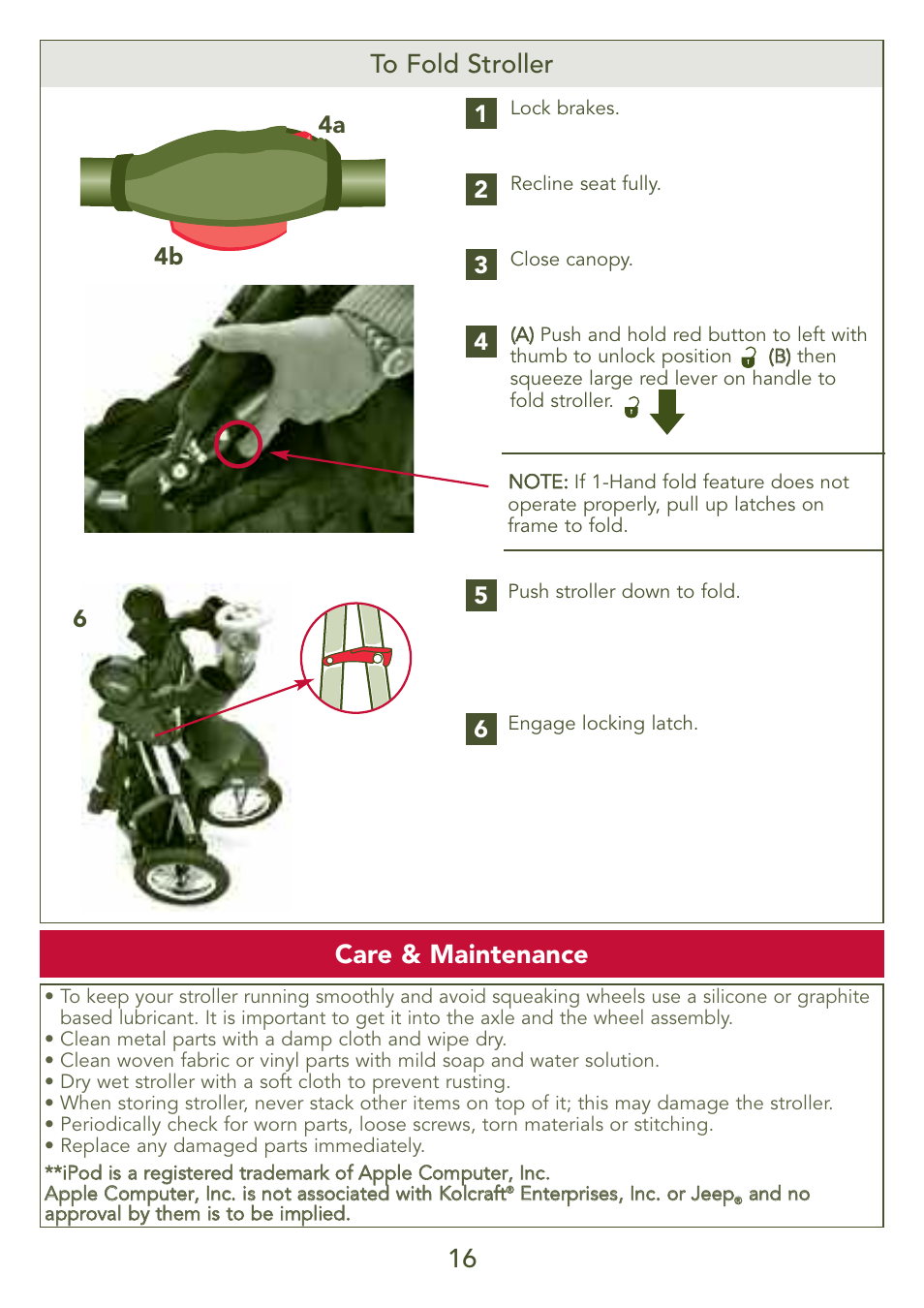 16 to fold stroller, Care & maintenance | Kolcraft S77-T-R3 User Manual | Page 16 / 51