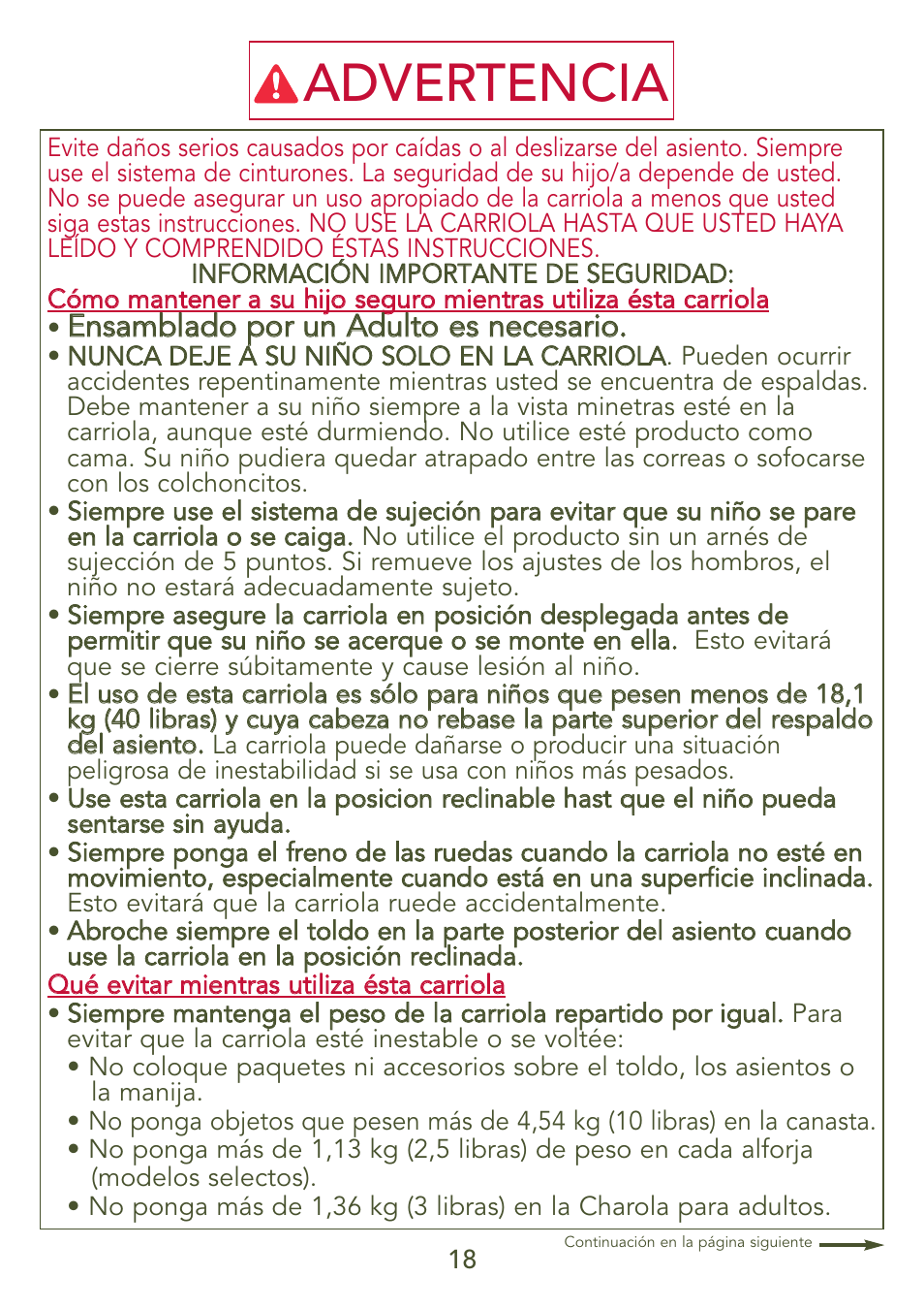 Advertencia | Kolcraft S77-T-R3 User Manual | Page 18 / 51