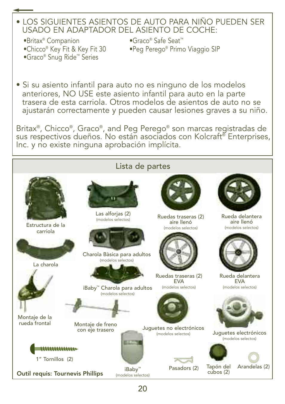 20 lista de partes, Chicco, Graco | And peg perego, Britax, Companion •chicco, Key fit & key fit 30 •graco, Snug ride, Series •graco, Safe seat | Kolcraft S77-T-R3 User Manual | Page 20 / 51