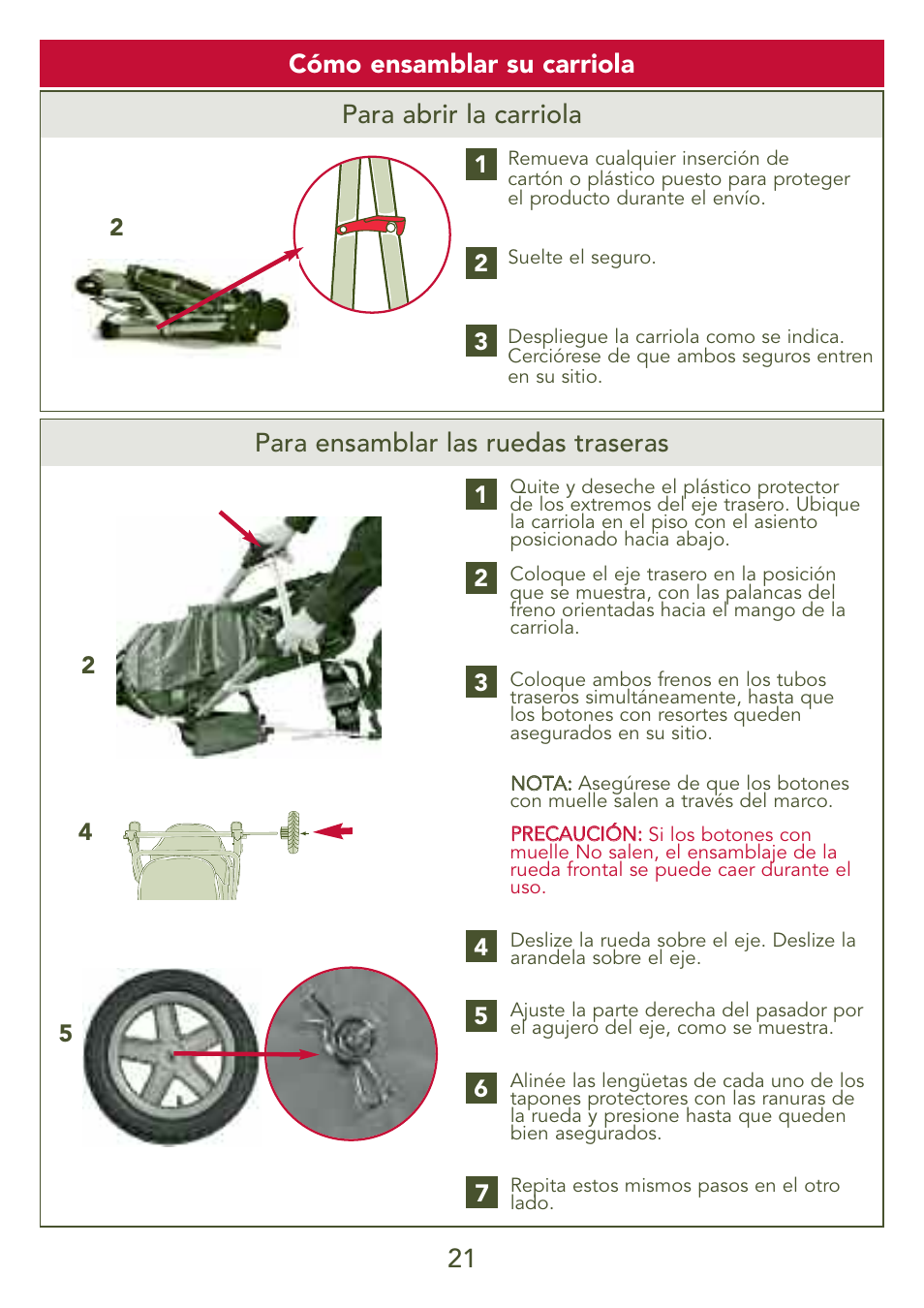 Cómo ensamblar su carriola para abrir la carriola, Para ensamblar las ruedas traseras | Kolcraft S77-T-R3 User Manual | Page 21 / 51