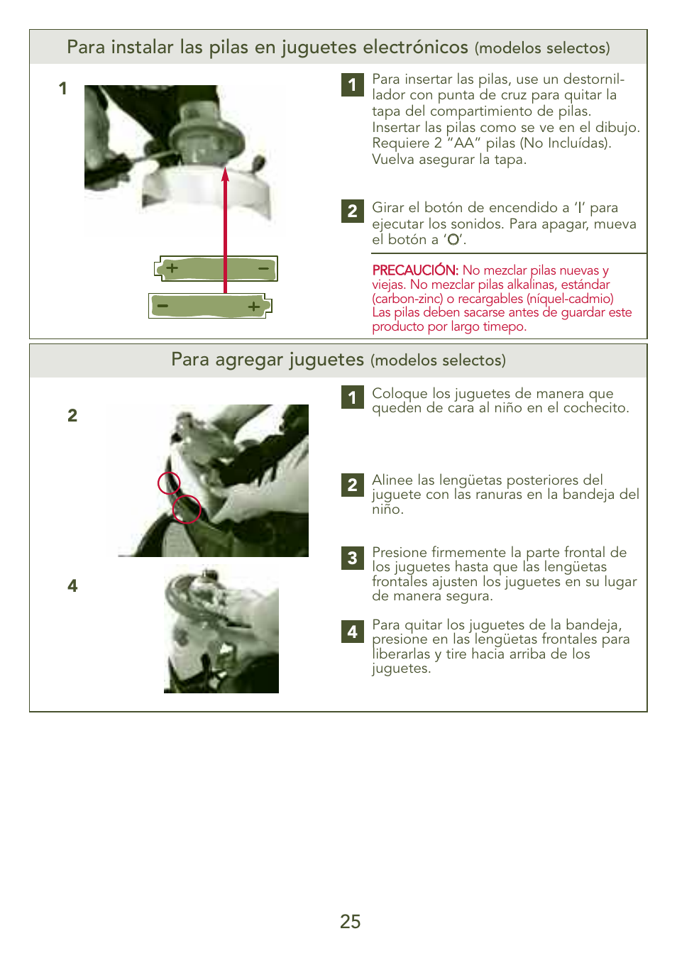 Para instalar las pilas en juguetes electrónicos, Para agregar juguetes | Kolcraft S77-T-R3 User Manual | Page 25 / 51