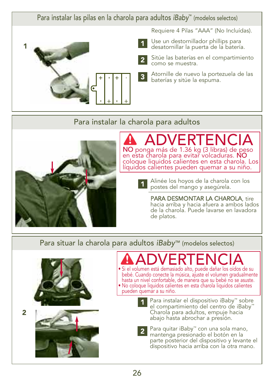 Advertencia, Para situar la charola para adultos ibaby, Para instalar la charola para adultos | Kolcraft S77-T-R3 User Manual | Page 26 / 51