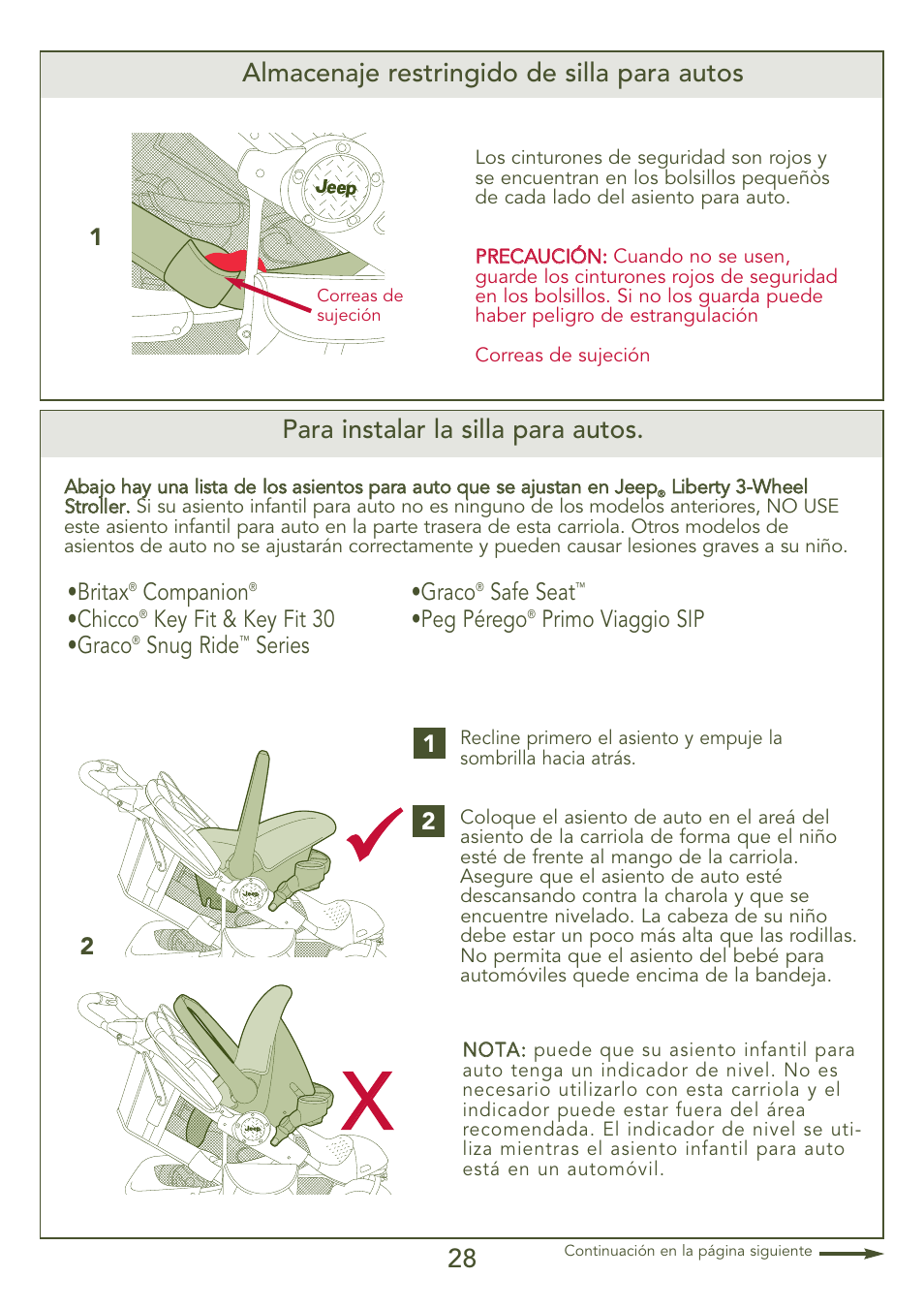 28 para instalar la silla para autos, Almacenaje restringido de silla para autos | Kolcraft S77-T-R3 User Manual | Page 28 / 51