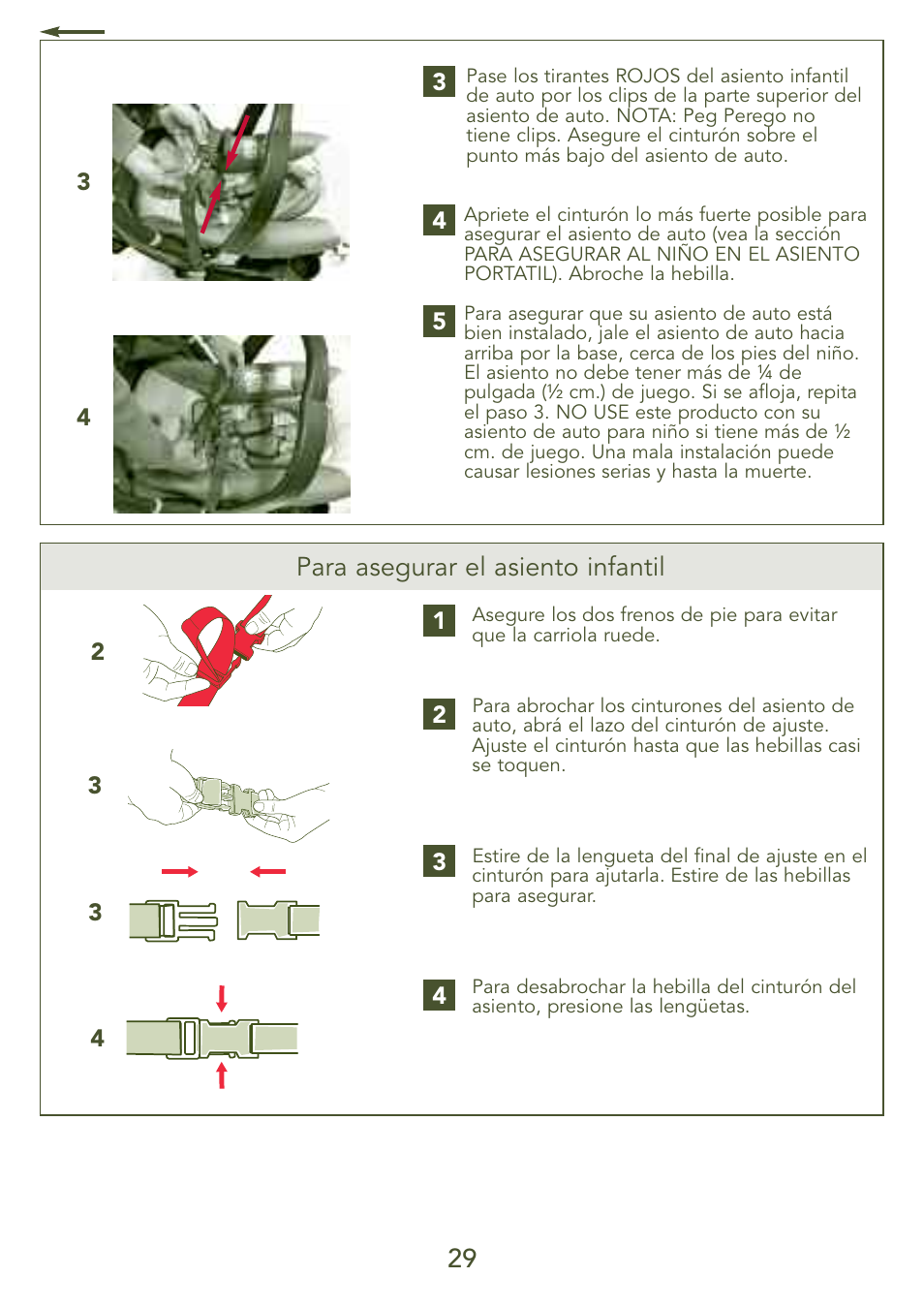 Para asegurar el asiento infantil | Kolcraft S77-T-R3 User Manual | Page 29 / 51