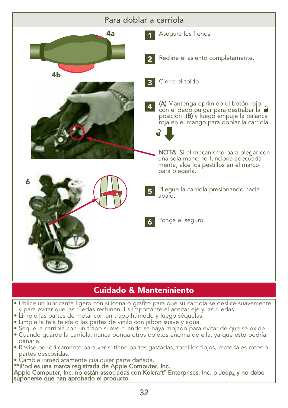 Para doblar a carriola 32, Cuidado & manteniniento, 4b 4a 6 | Kolcraft S77-T-R3 User Manual | Page 32 / 51