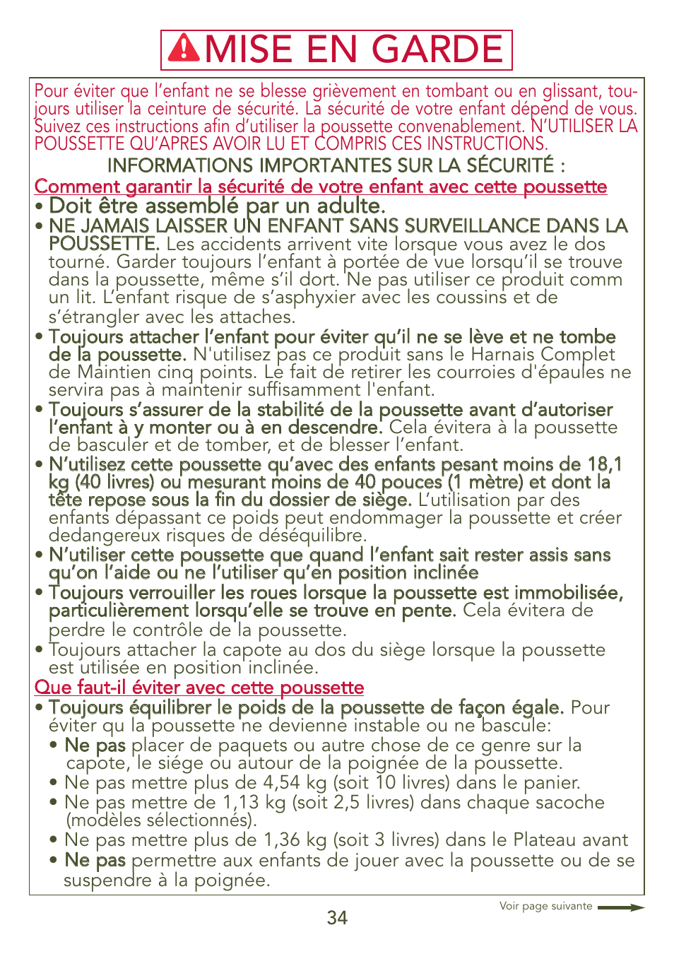 Mise en garde | Kolcraft S77-T-R3 User Manual | Page 34 / 51