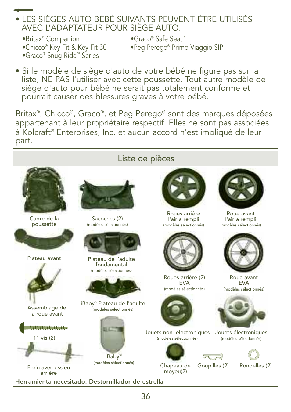 Chicco, Graco, Et peg perego | Britax, Companion •chicco, Key fit & key fit 30 •graco, Snug ride, Series •graco, Safe seat, Peg perego | Kolcraft S77-T-R3 User Manual | Page 36 / 51