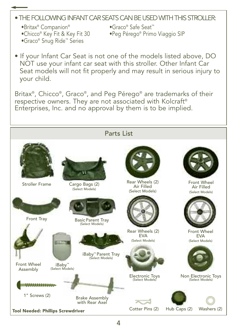 4parts list, Chicco, Graco | And peg pérego, Britax, Companion, Key fit & key fit 30 •graco, Snug ride, Series, Safe seat | Kolcraft S77-T-R3 User Manual | Page 4 / 51