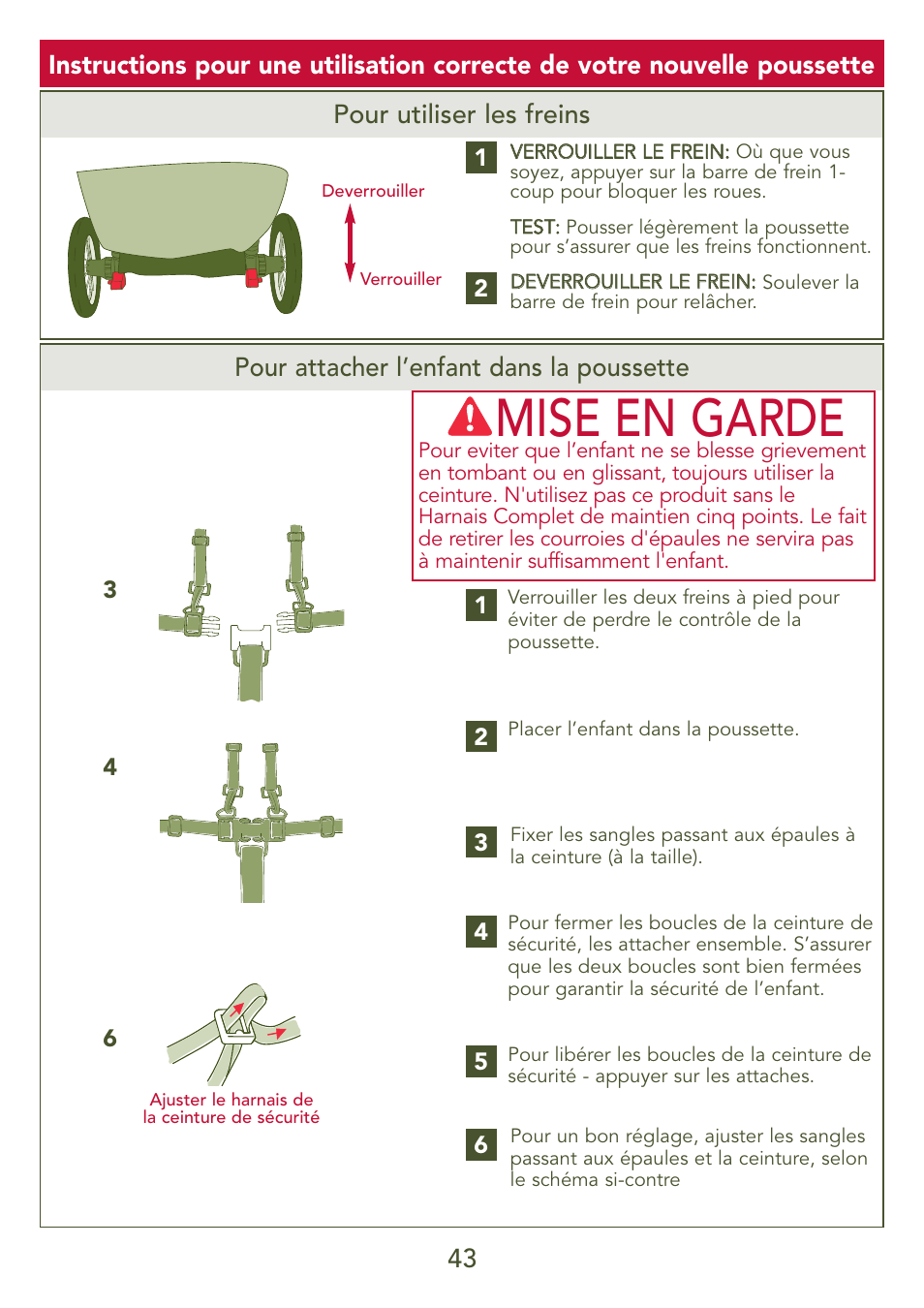 Mise en garde, Pour utiliser les freins, Pour attacher l’enfant dans la poussette | Kolcraft S77-T-R3 User Manual | Page 43 / 51