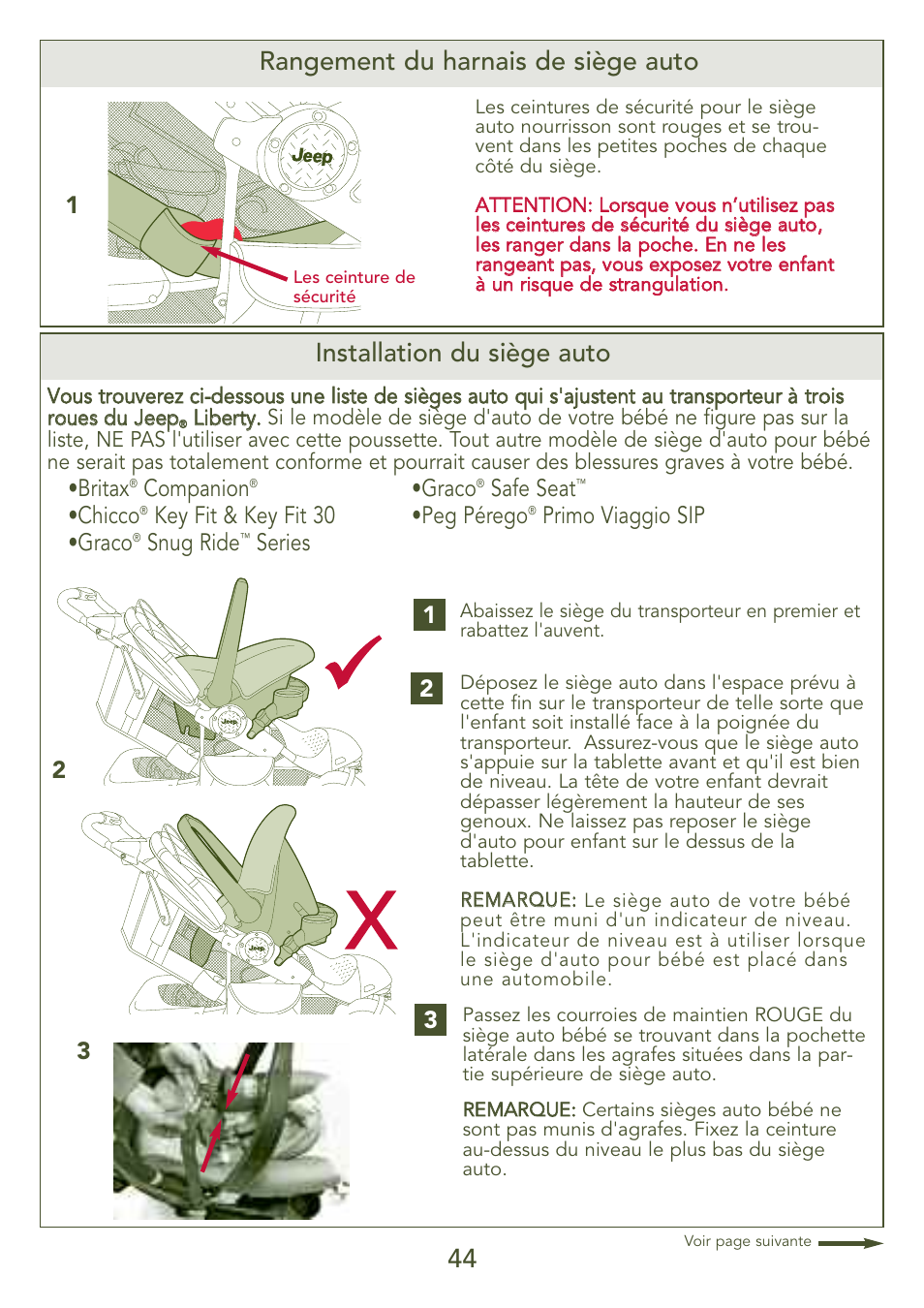 44 installation du siège auto, Rangement du harnais de siège auto | Kolcraft S77-T-R3 User Manual | Page 44 / 51