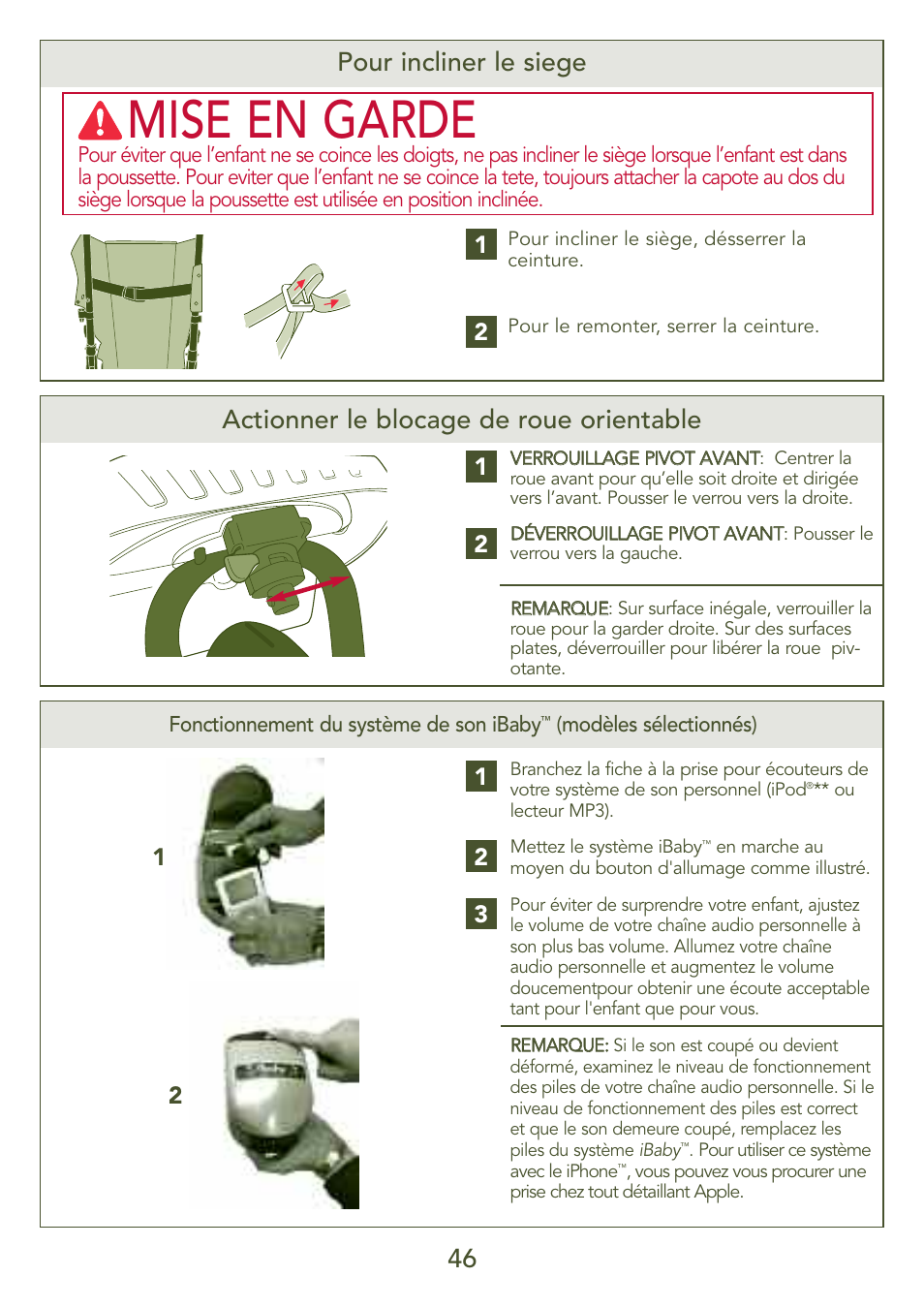 Mise en garde, 46 actionner le blocage de roue orientable, Pour incliner le siege | Kolcraft S77-T-R3 User Manual | Page 46 / 51