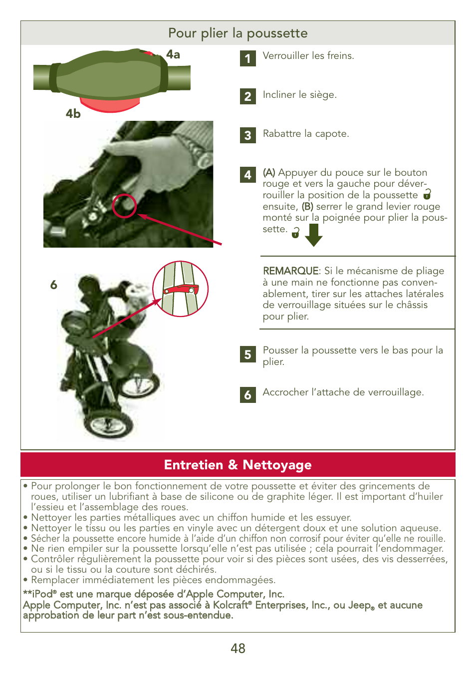 Pour plier la poussette 48, Entretien & nettoyage | Kolcraft S77-T-R3 User Manual | Page 48 / 51