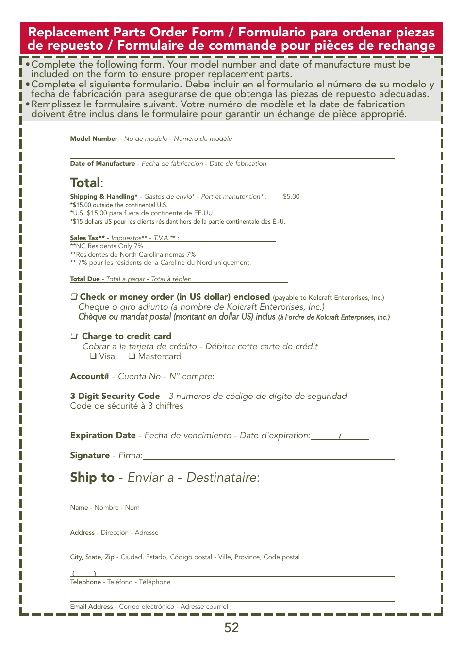 Total, Ship to - enviar a - destinataire | Kolcraft S77-T-R3 User Manual | Page 51 / 51