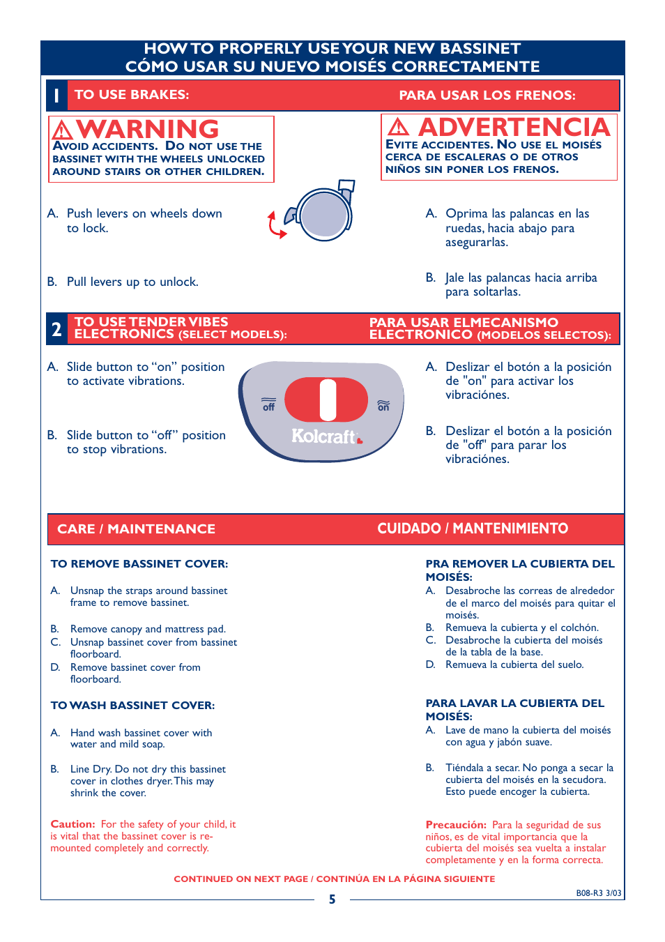 Warning, Advertencia, Cuidado / mantenimiento | Kolcraft DELUXE B08-R3 User Manual | Page 5 / 7