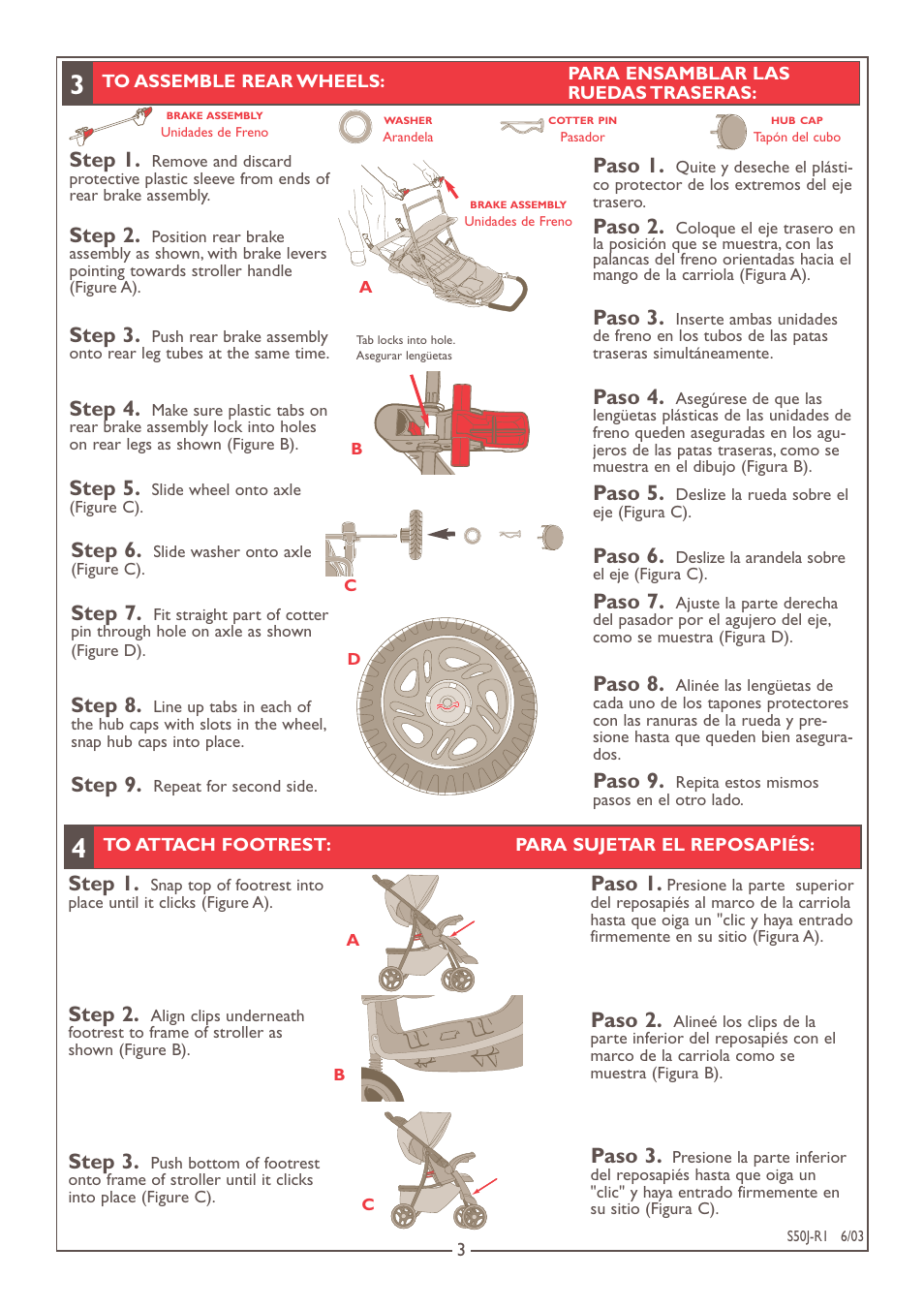 Step 1, Step 2, Step 3 | Step 4, Step 5, Step 6, Step 7, Step 8, Step 9, Paso 1 | Kolcraft S50J-R1 User Manual | Page 3 / 9