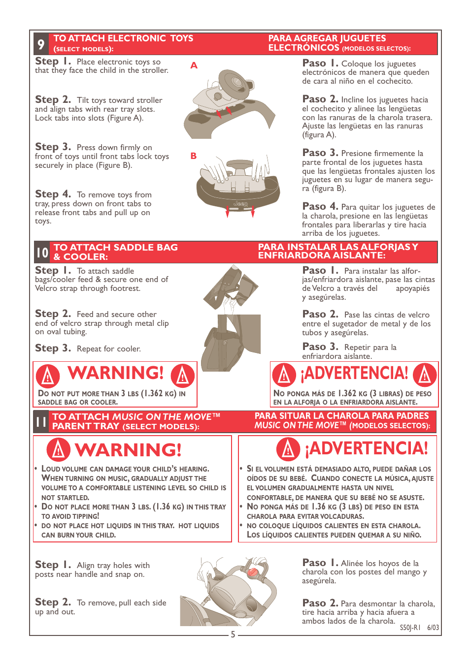 Warning, Advertencia, Warning! ¡advertencia | Step 1, Step 2, Step 3, Paso 1, Paso 2, Paso 3, Step 4 | Kolcraft S50J-R1 User Manual | Page 5 / 9