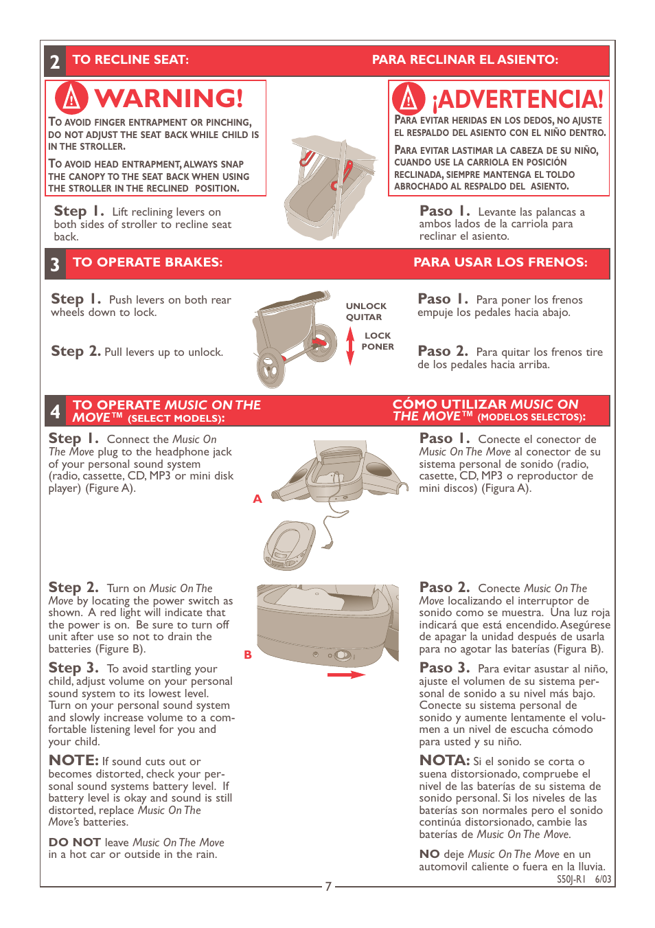 Warning! ¡advertencia, Step 1, Paso 1 | Step 2, Paso 2, Step 3, Paso 3, Nota | Kolcraft S50J-R1 User Manual | Page 7 / 9