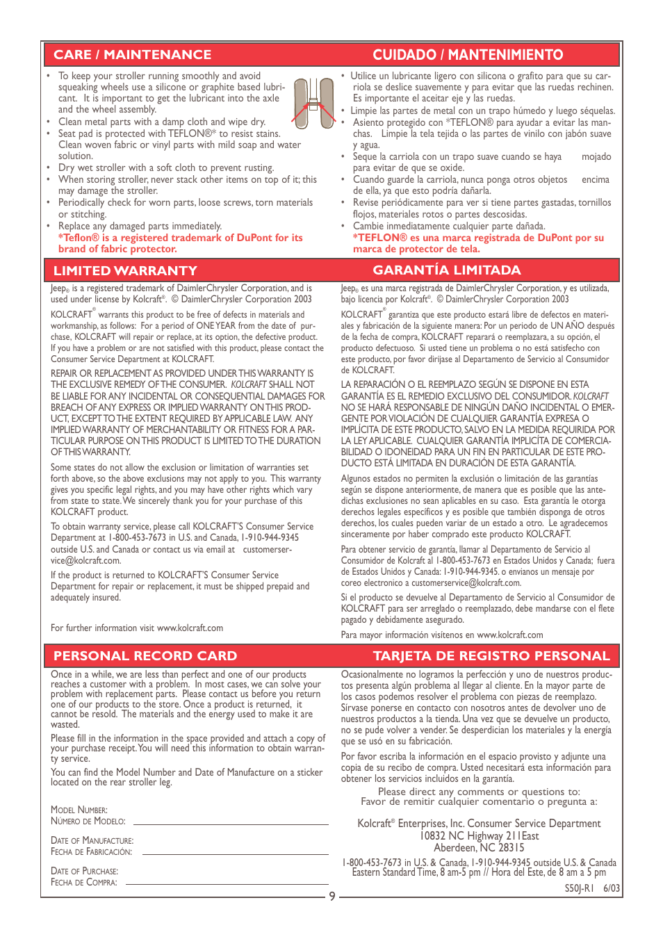 Cuidado / mantenimiento | Kolcraft S50J-R1 User Manual | Page 9 / 9