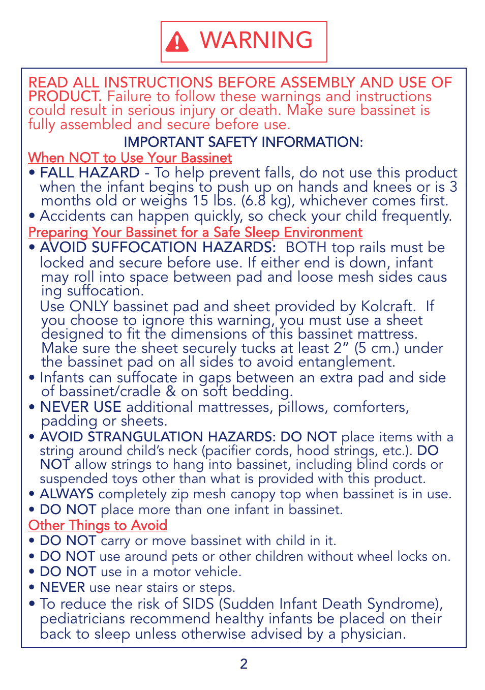 Warning | Kolcraft B14-R4 User Manual | Page 2 / 10