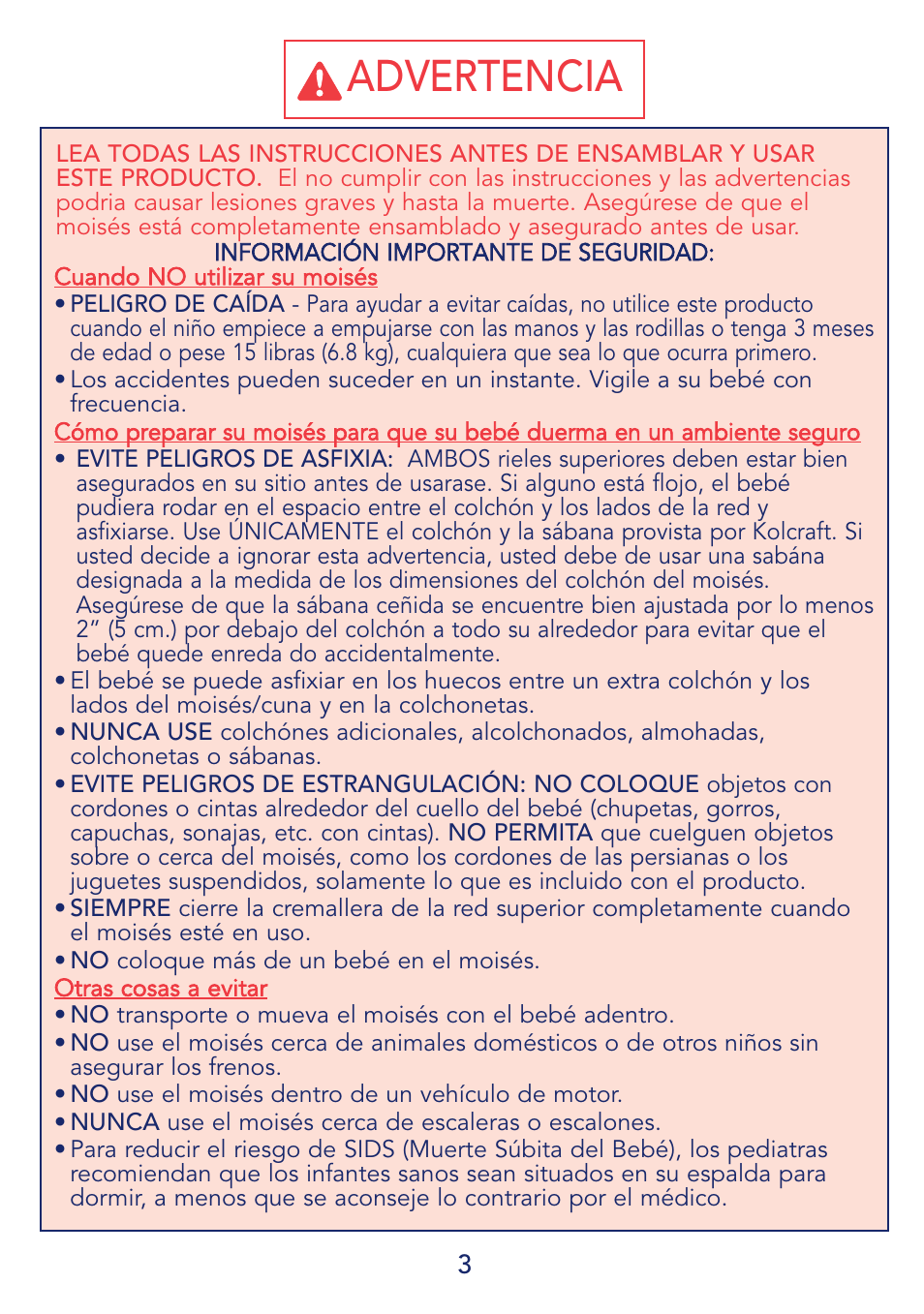 Advertencia | Kolcraft B14-R4 User Manual | Page 3 / 10