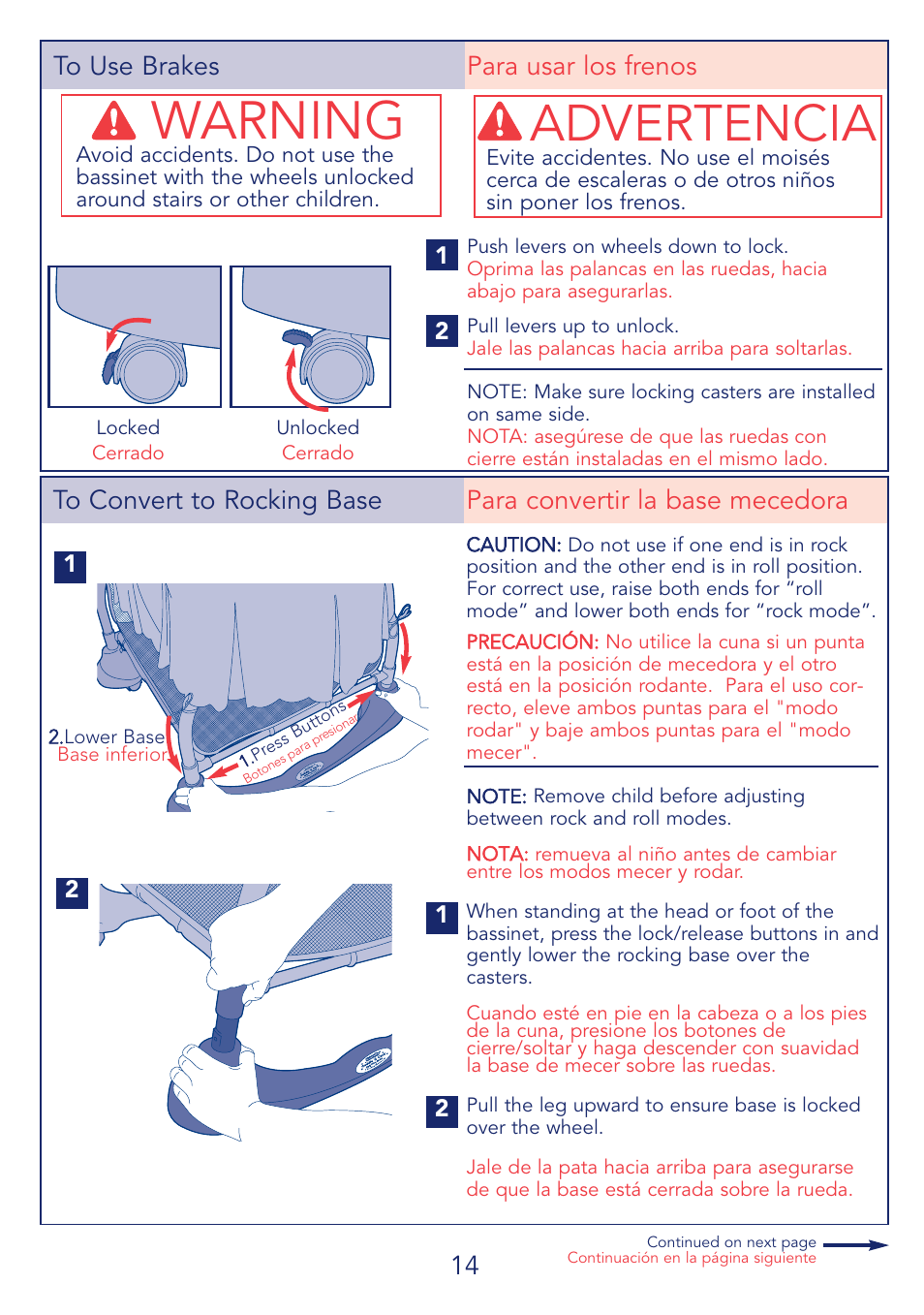 Warning, Advertencia, 14 to use brakes para usar los frenos | Kolcraft CUDDLE 'N CARE B26-R2 User Manual | Page 14 / 24