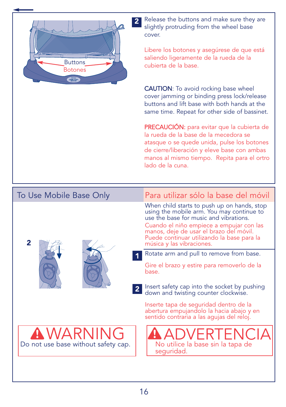 Warning, Advertencia | Kolcraft CUDDLE 'N CARE B26-R2 User Manual | Page 16 / 24