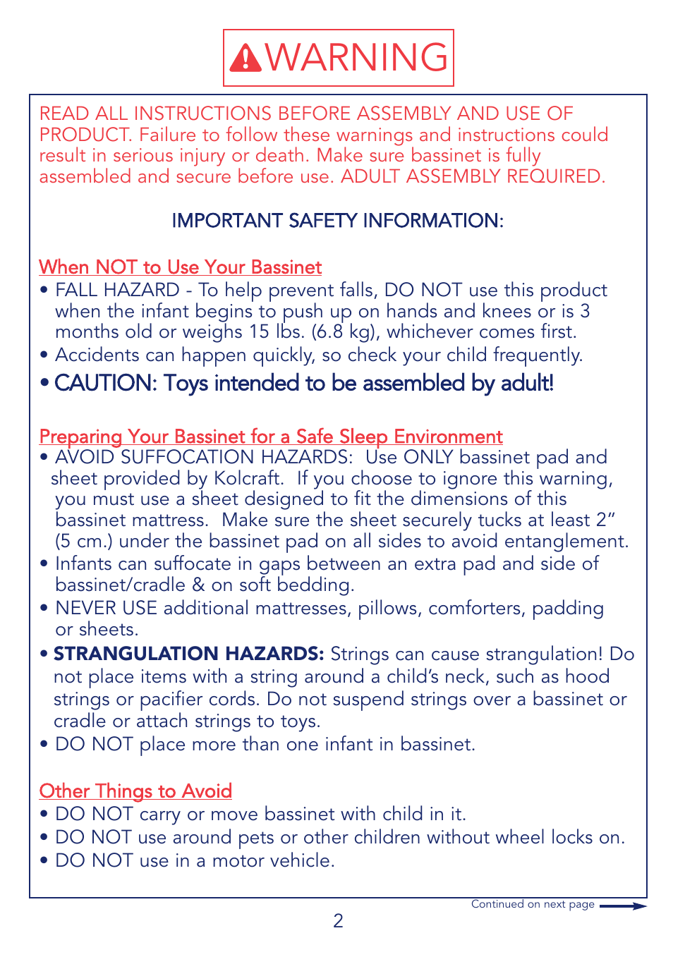 Warning | Kolcraft CUDDLE 'N CARE B26-R2 User Manual | Page 2 / 24