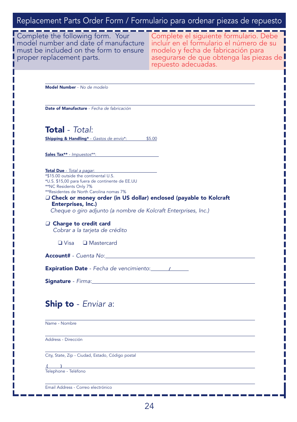 Total - total, Ship to - enviar a | Kolcraft CUDDLE 'N CARE B26-R2 User Manual | Page 24 / 24