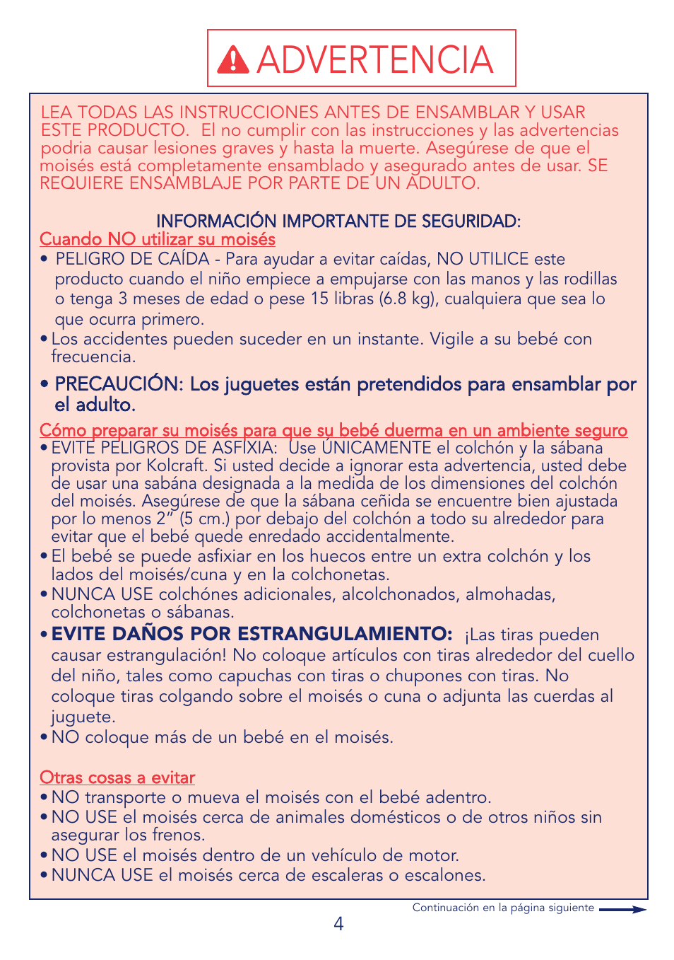 Advertencia | Kolcraft CUDDLE 'N CARE B26-R2 User Manual | Page 4 / 24