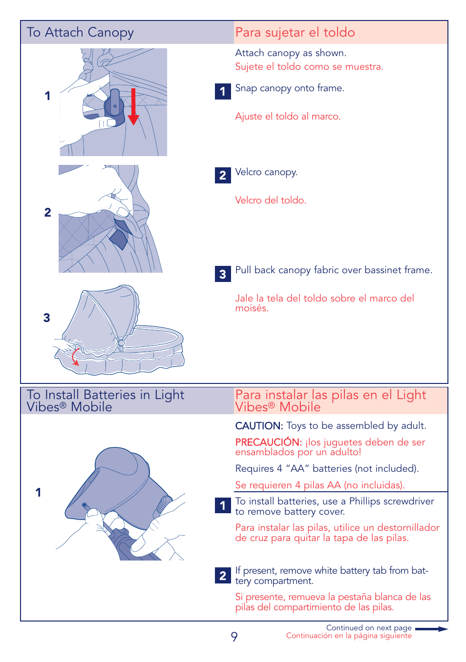 9to install batteries in light vibes, Mobile para instalar las pilas en el light vibes, Mobile | Kolcraft CUDDLE 'N CARE B26-R2 User Manual | Page 9 / 24