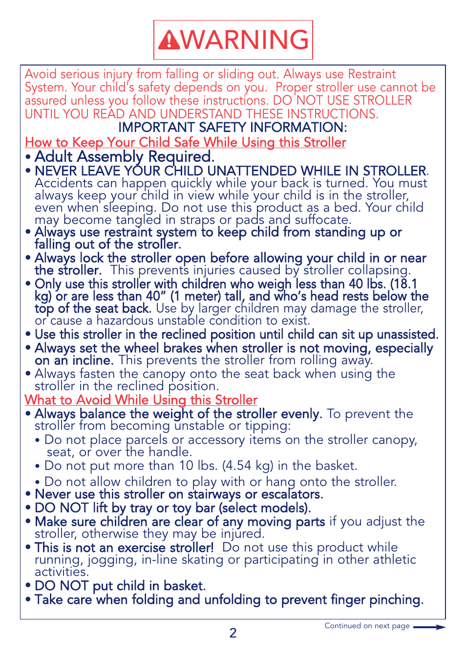 Warning, Adult assembly required | Kolcraft S51-T User Manual | Page 2 / 28