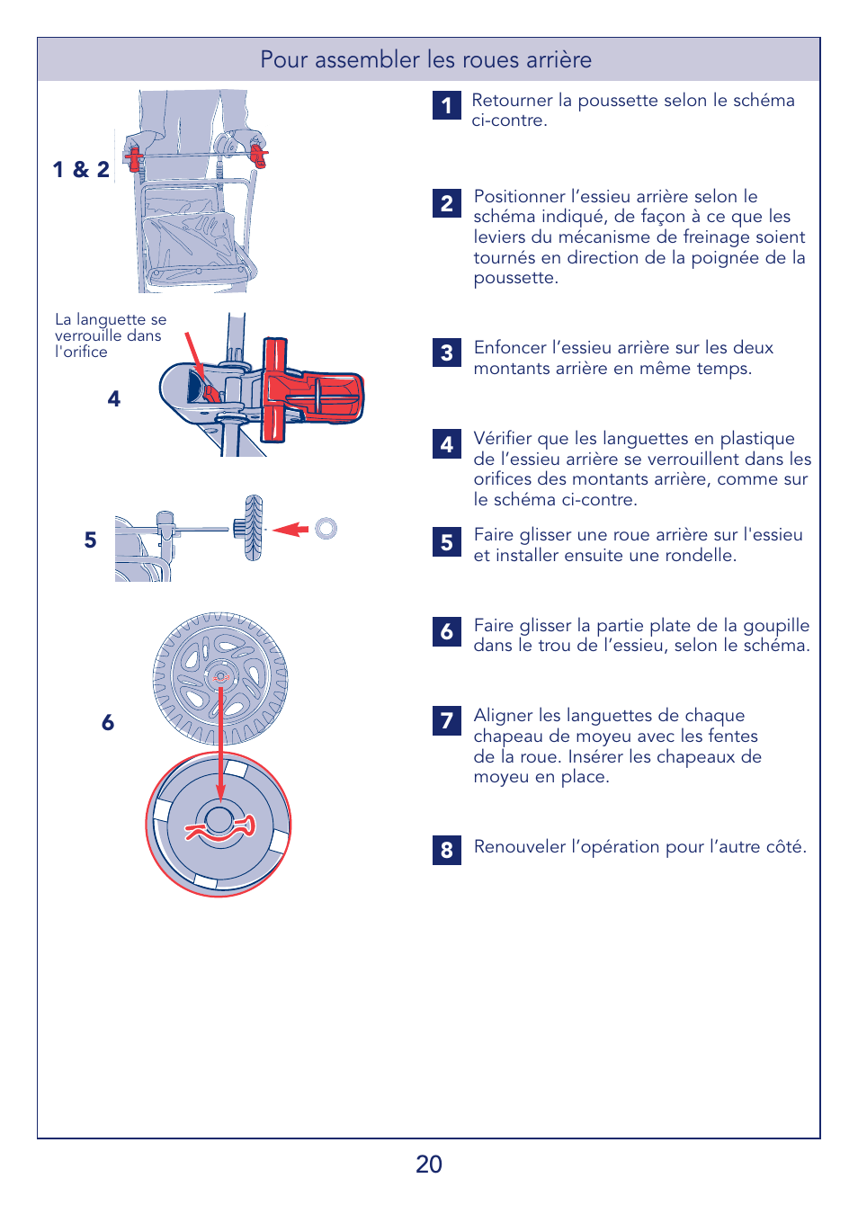 20 pour assembler les roues arrière | Kolcraft S51-T User Manual | Page 20 / 28