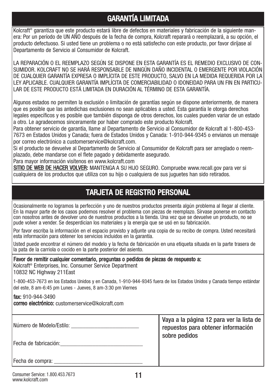 Gga ar ra an nt tíía a lliim miit ta ad da a | Kolcraft S59-R3 User Manual | Page 11 / 12