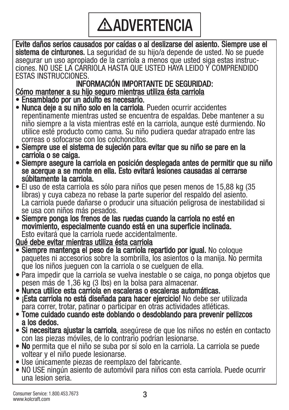 Ƽadvertencia | Kolcraft S59-R3 User Manual | Page 3 / 12