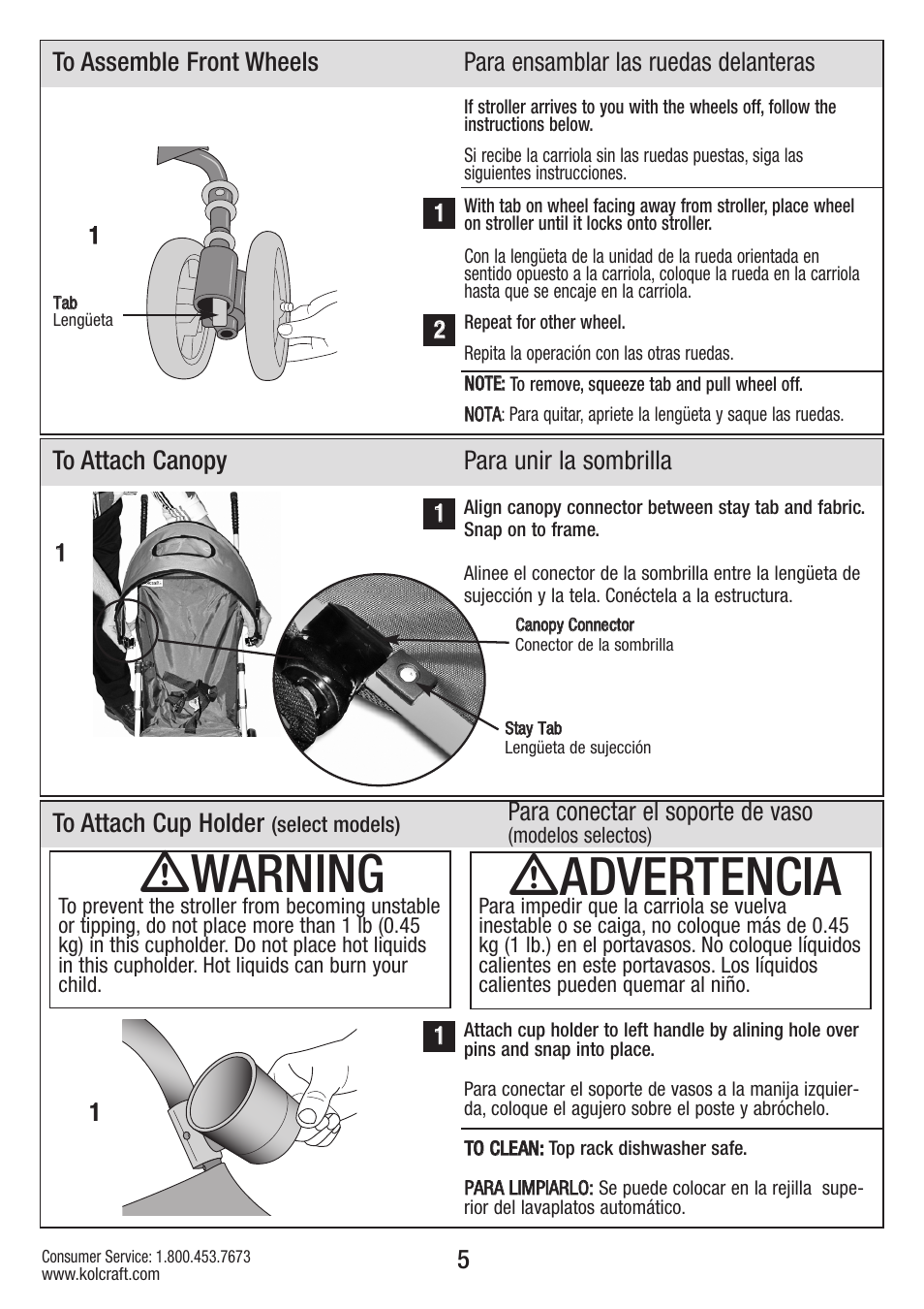 Ƽwarning, Ƽadvertencia, Para conectar el soporte de vaso | Kolcraft S59-R3 User Manual | Page 5 / 12