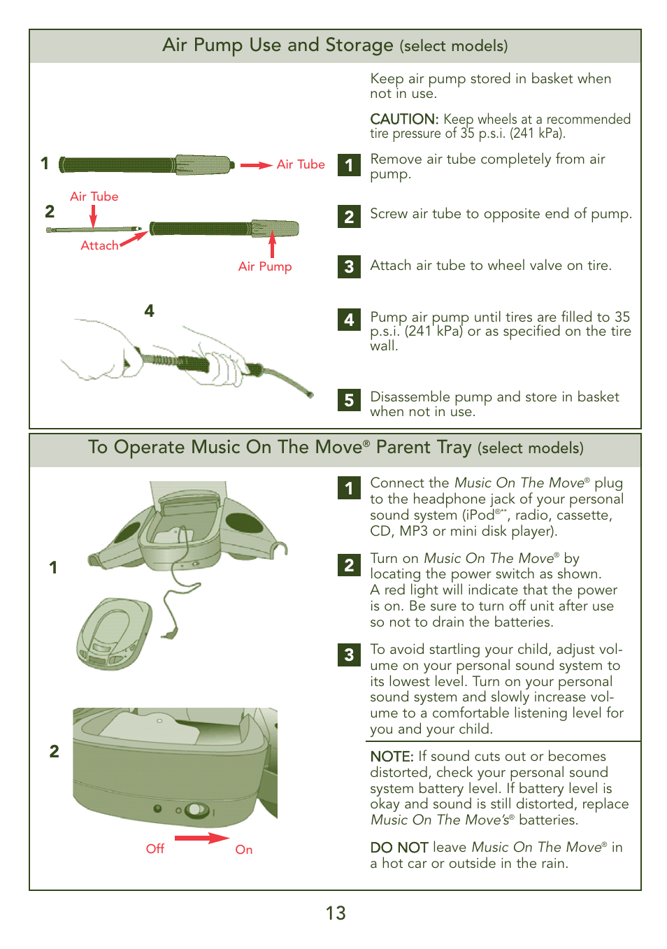 13 to operate music on the move, Parent tray, Air pump use and storage | Kolcraft JEEP S45J-T 5/07 User Manual | Page 13 / 45