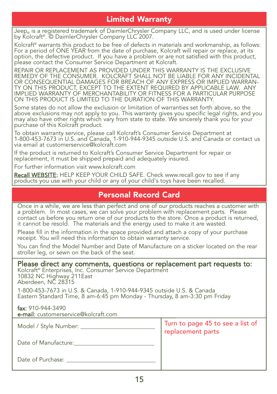 15 personal record card, Limited warranty | Kolcraft JEEP S45J-T 5/07 User Manual | Page 15 / 45