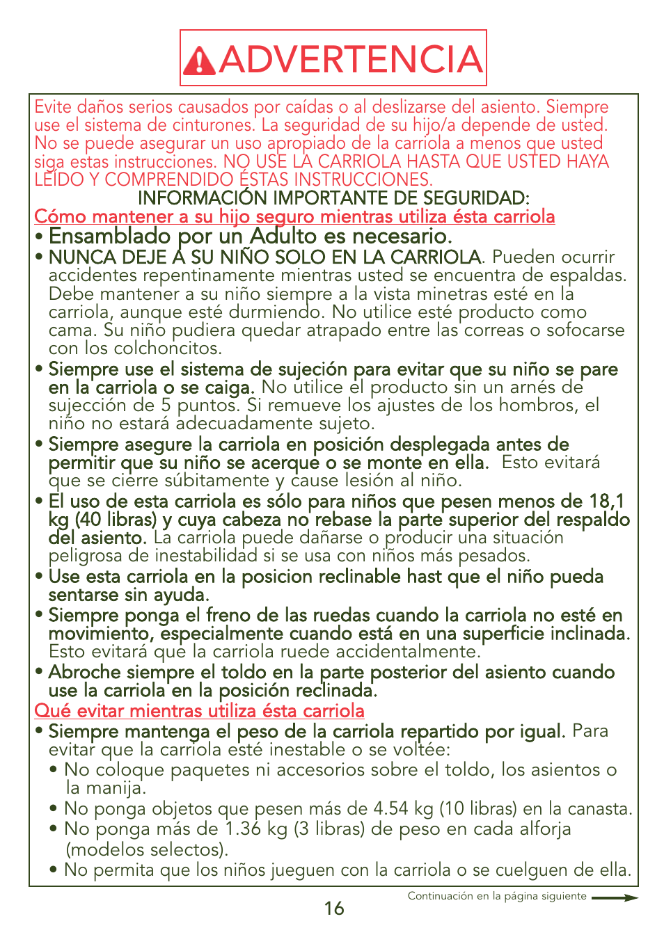 Advertencia, Ensamblado por un adulto es necesario | Kolcraft JEEP S45J-T 5/07 User Manual | Page 16 / 45