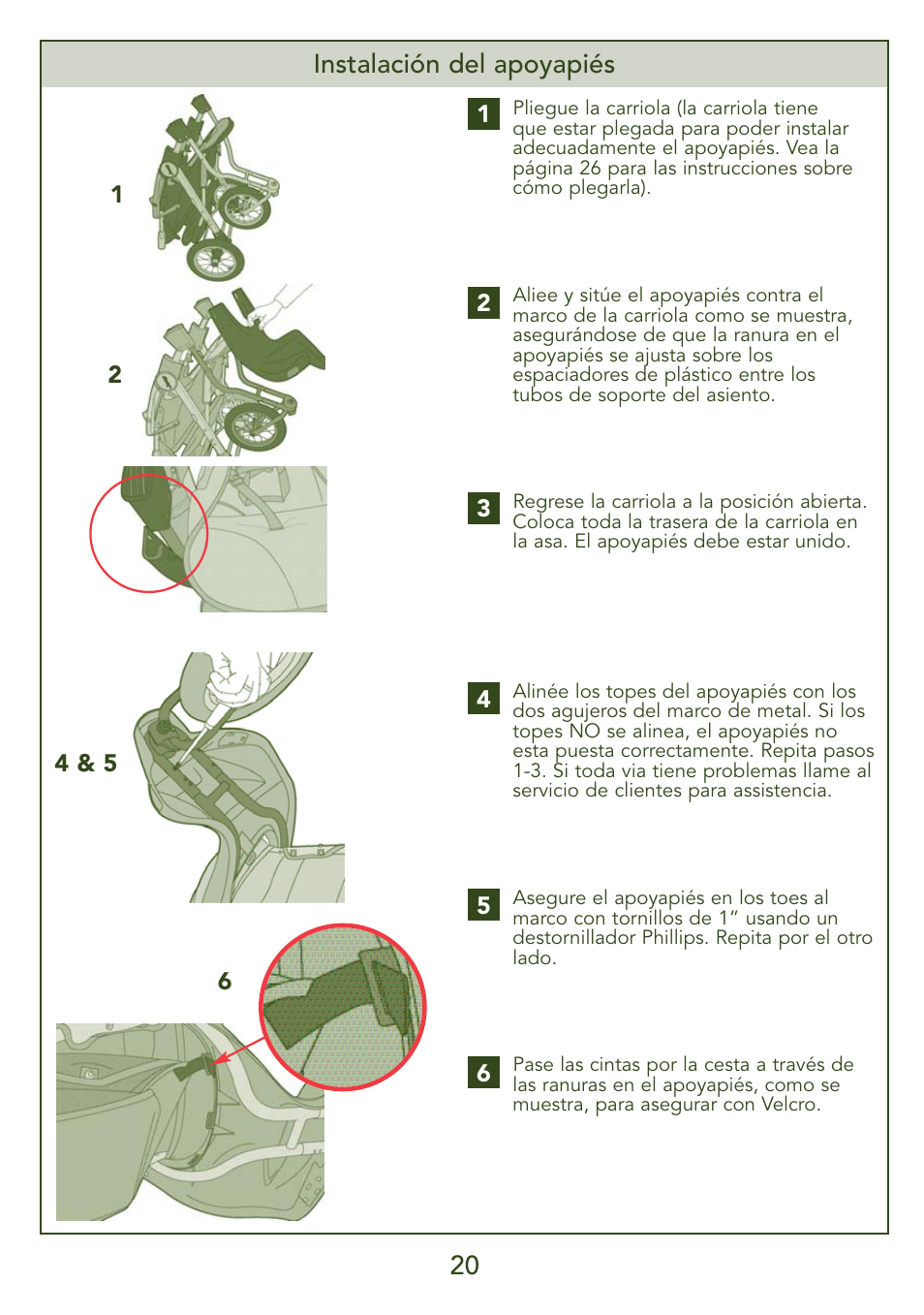 20 instalación del apoyapiés | Kolcraft JEEP S45J-T 5/07 User Manual | Page 20 / 45