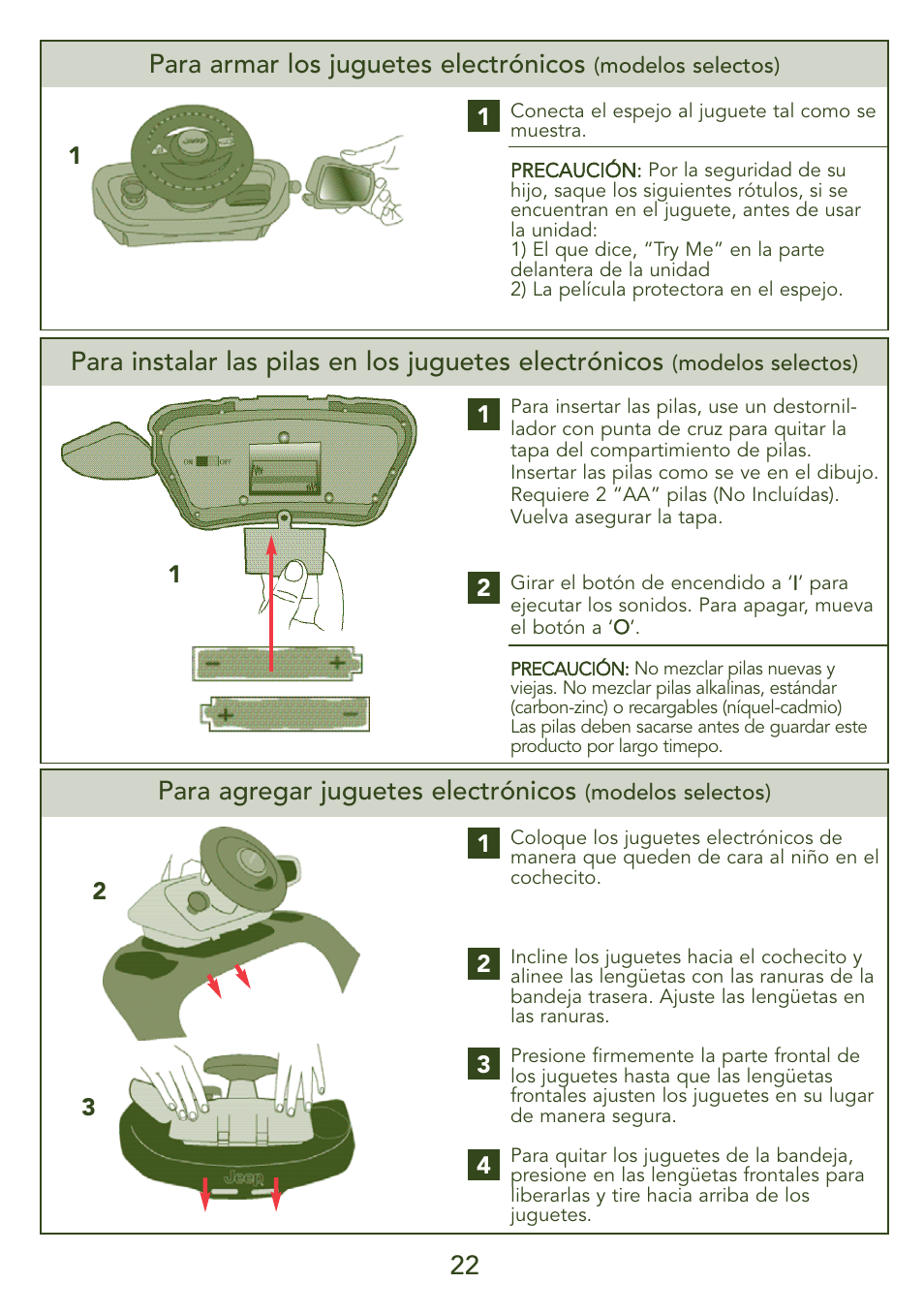 Para agregar juguetes electrónicos, Para armar los juguetes electrónicos | Kolcraft JEEP S45J-T 5/07 User Manual | Page 22 / 45