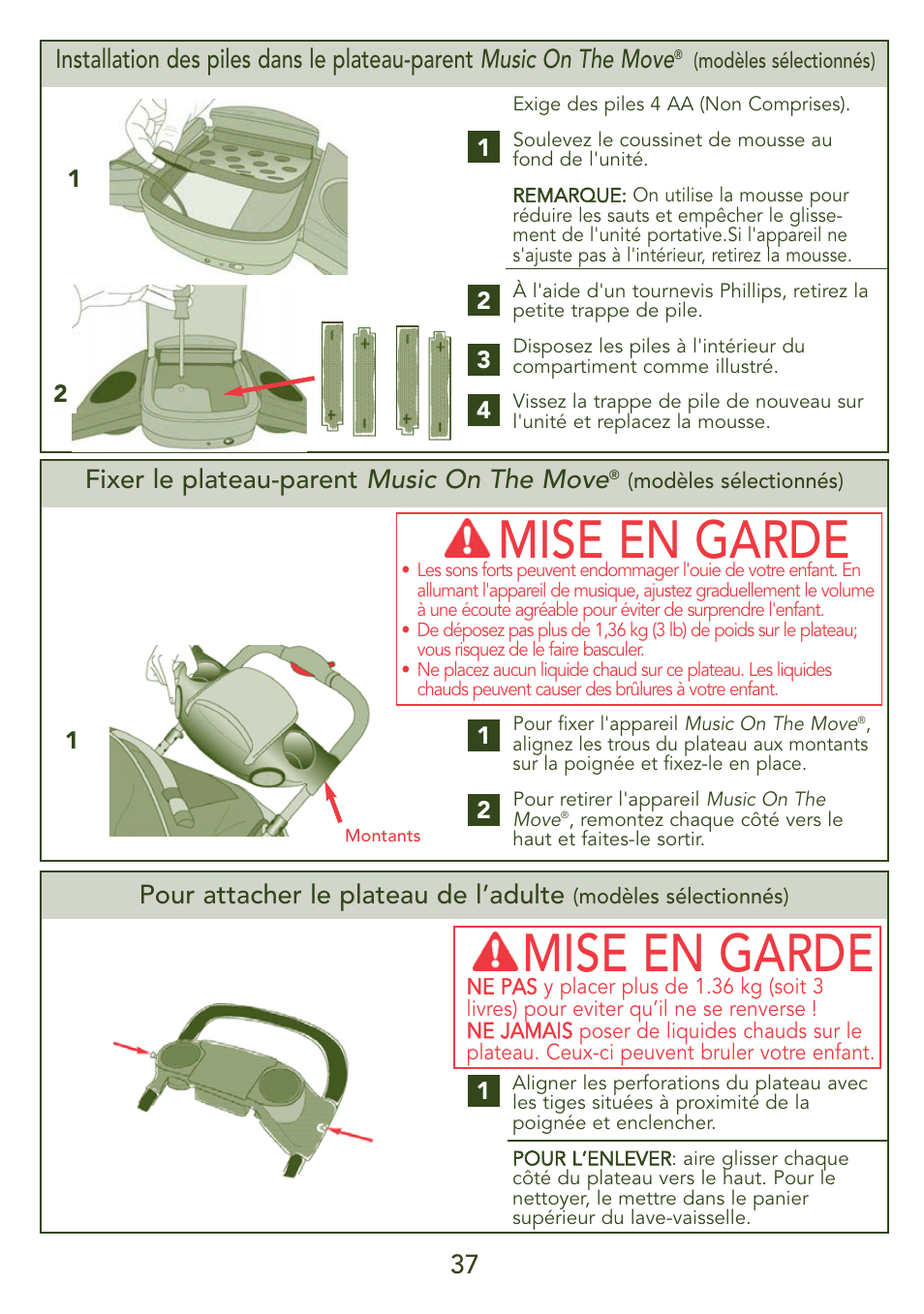 Mise en garde, Fixer le plateau-parent music on the move, Pour attacher le plateau de l’adulte | Kolcraft JEEP S45J-T 5/07 User Manual | Page 37 / 45