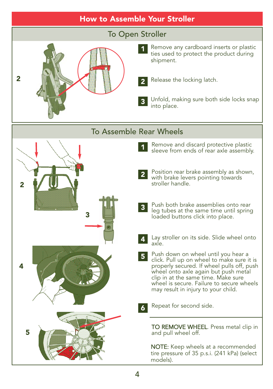 4how to assemble your stroller to open stroller | Kolcraft JEEP S45J-T 5/07 User Manual | Page 4 / 45